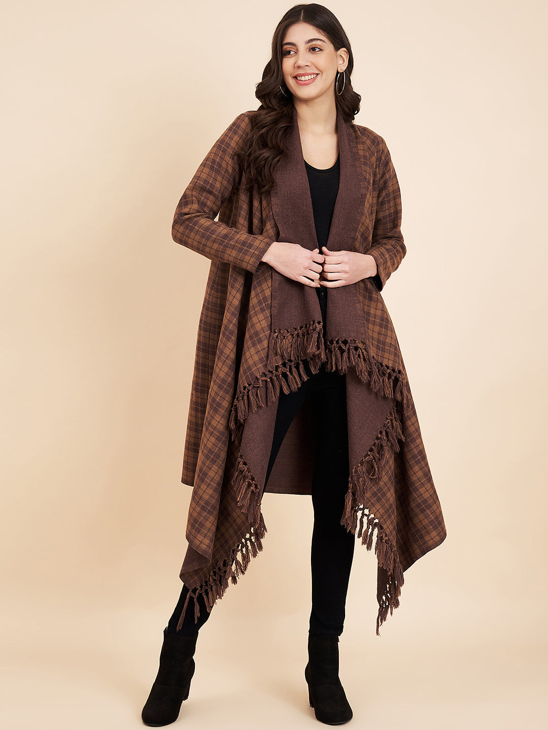 Women's Woven Full Sleeves Cape Shrug in Checked Patterns | Brown
