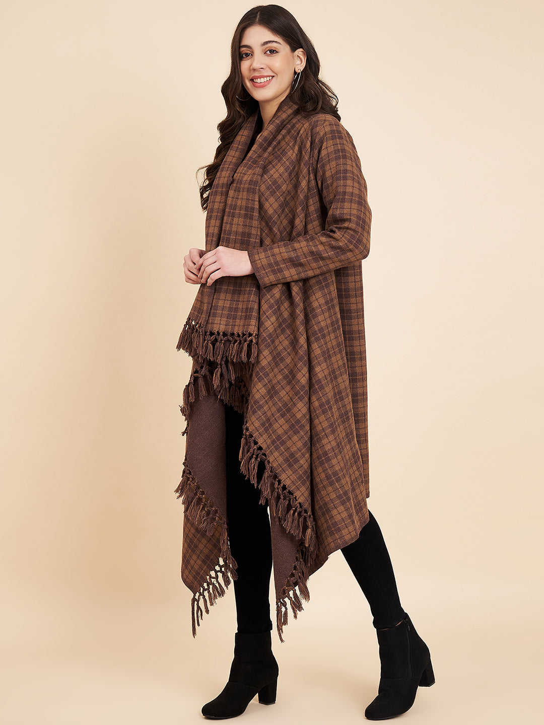 Women's Woven Full Sleeves Cape Shrug in Checked Patterns | Brown