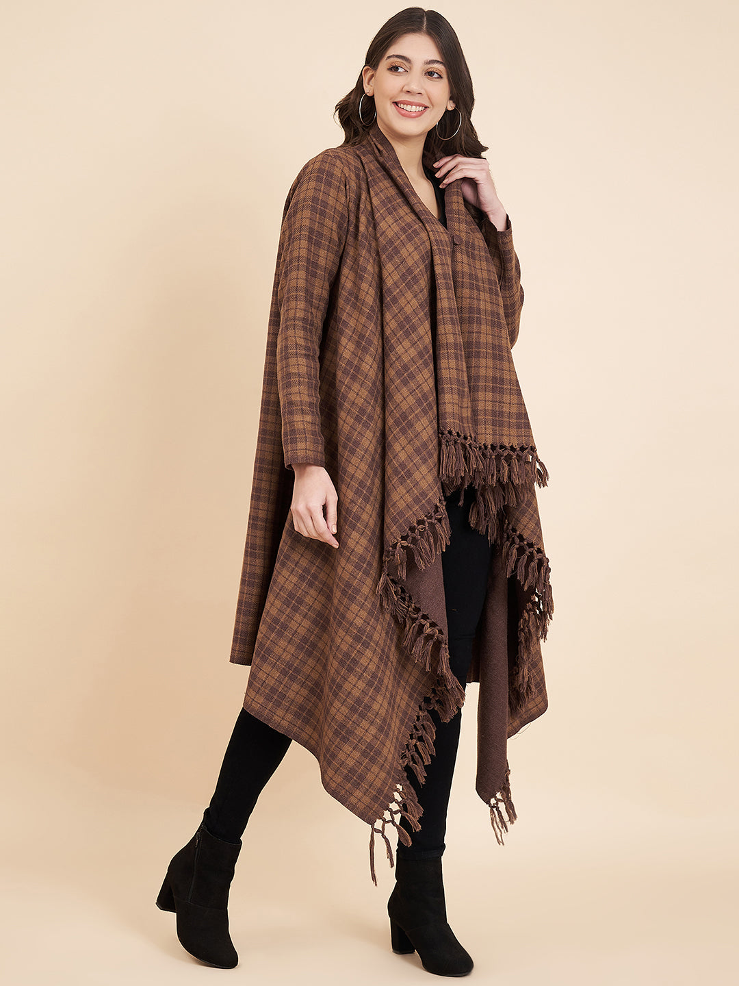 Women's Woven Full Sleeves Cape Shrug in Checked Patterns | Brown