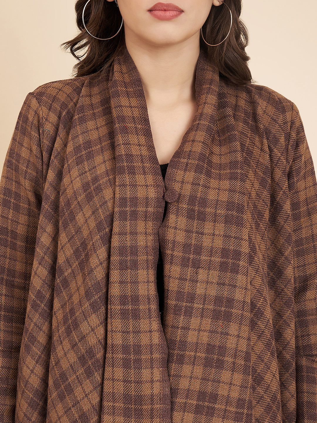 Women's Woven Full Sleeves Cape Shrug in Checked Patterns | Brown