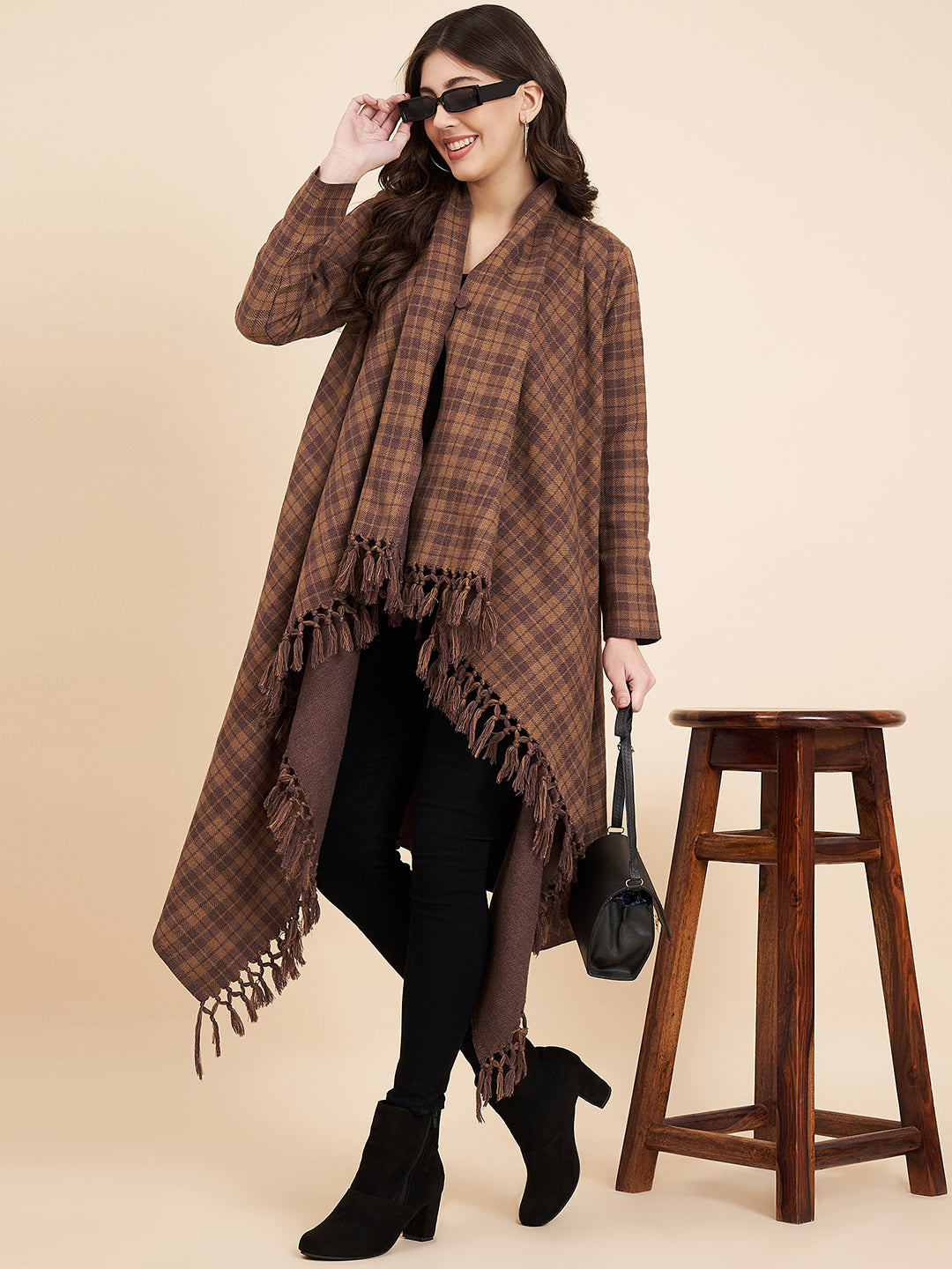 Women's Woven Full Sleeves Cape Shrug in Checked Patterns | Brown