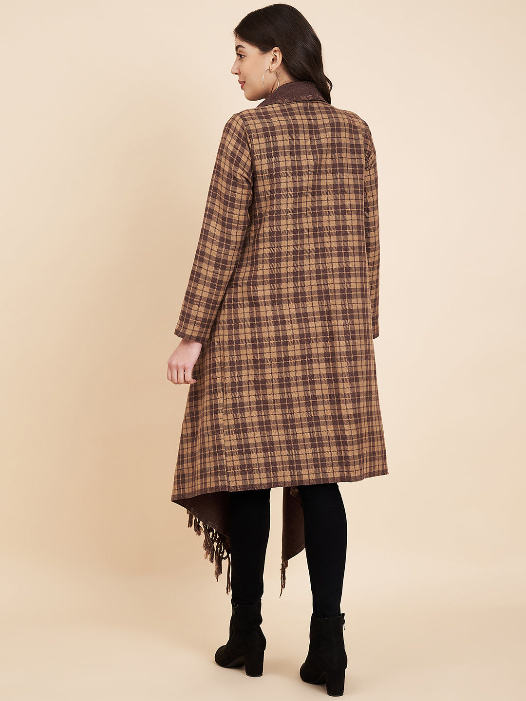 Women's Woven Full Sleeves Cape Shrug in Checked Pattern | Brown