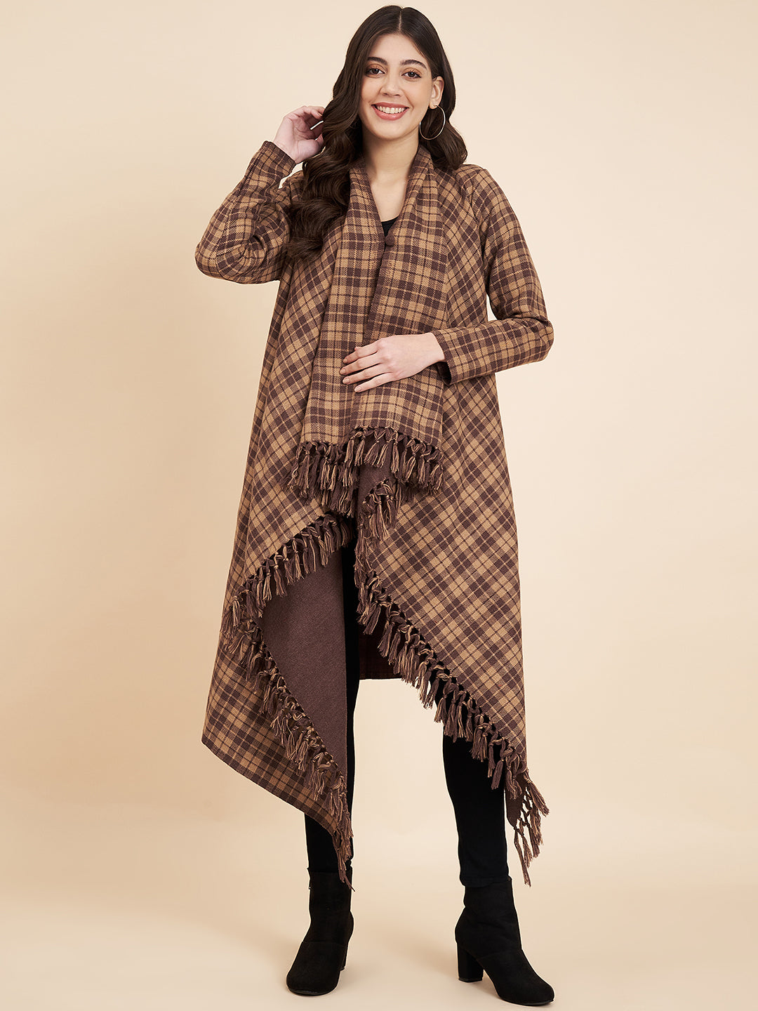 Women's Woven Full Sleeves Cape Shrug in Checked Pattern | Brown