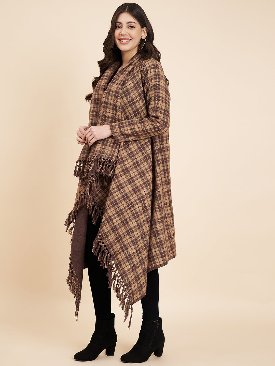 Women's Woven Full Sleeves Cape Shrug in Checked Pattern | Brown