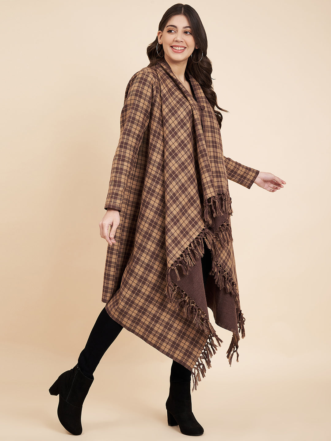 Women's Woven Full Sleeves Cape Shrug in Checked Pattern | Brown