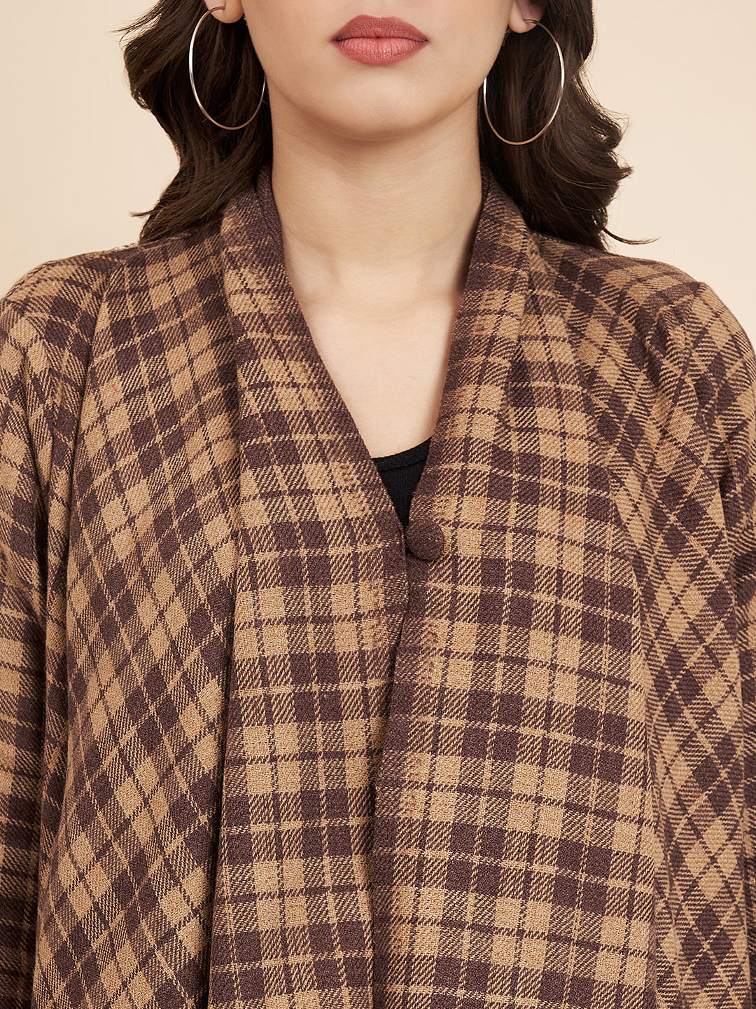 Women's Woven Full Sleeves Cape Shrug in Checked Pattern | Brown
