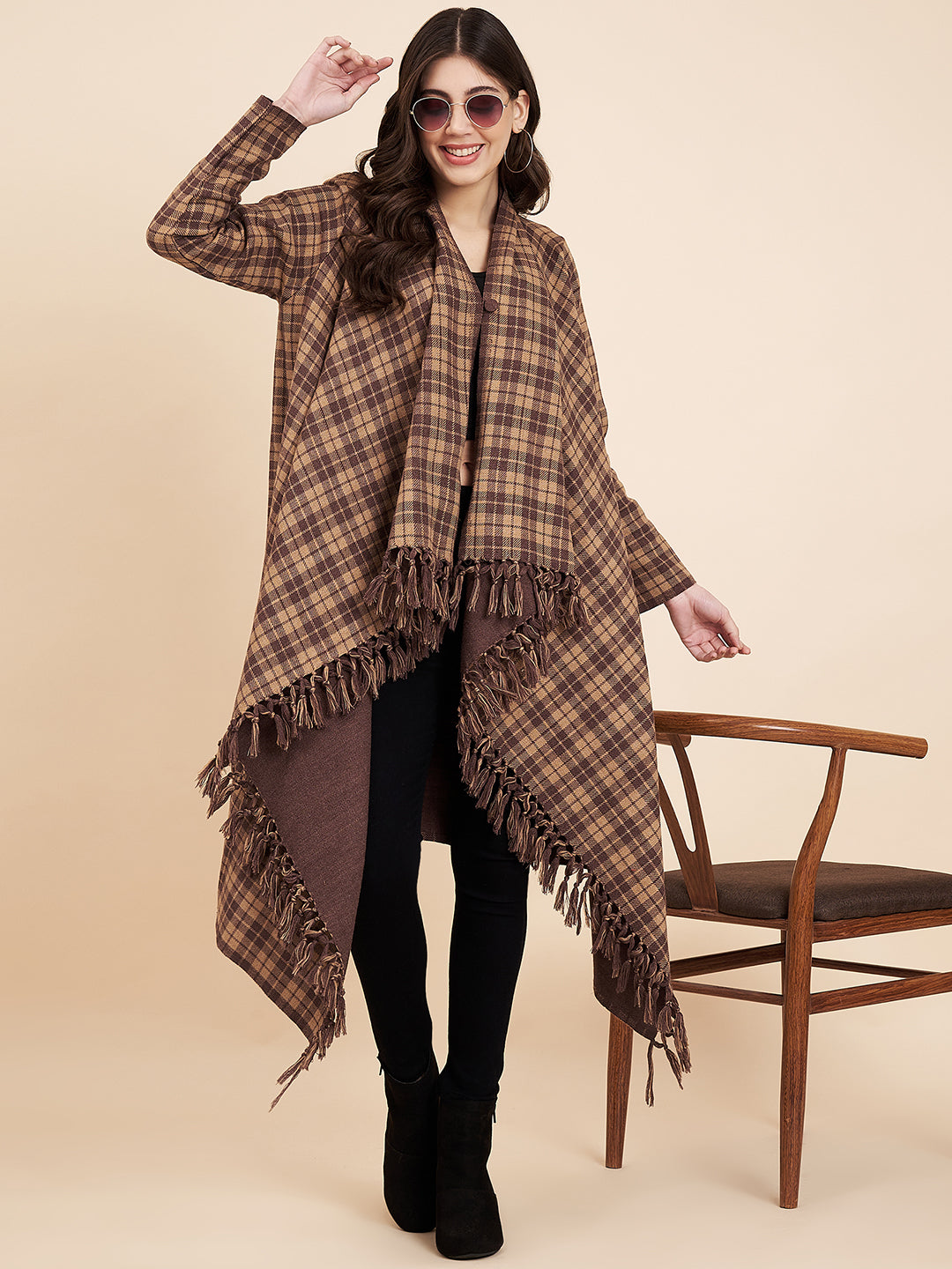 Women's Woven Full Sleeves Cape Shrug in Checked Pattern | Brown