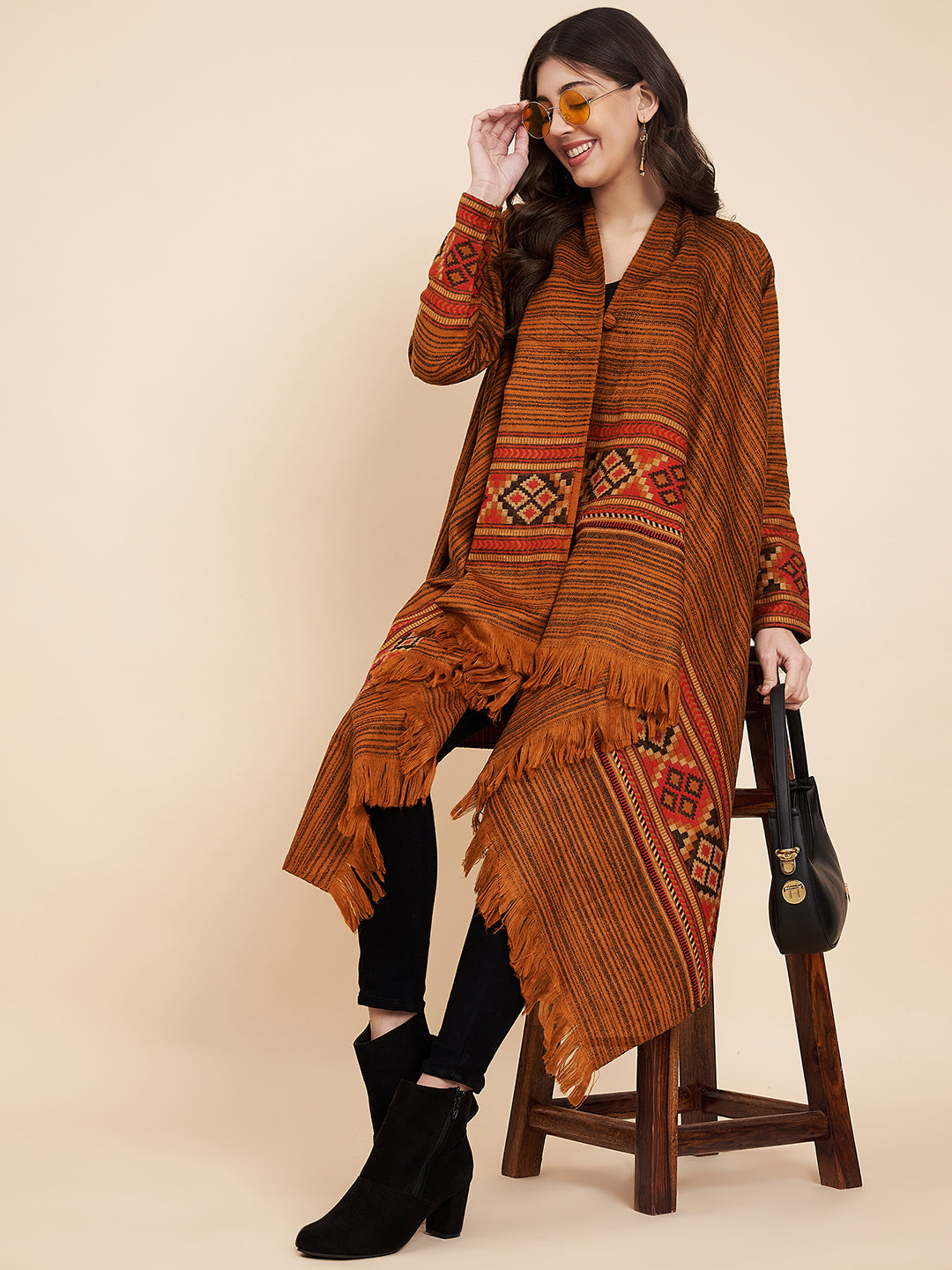 Women's Woven Full Sleeves Cape Shrug in Himalayan Stripes | Mustard