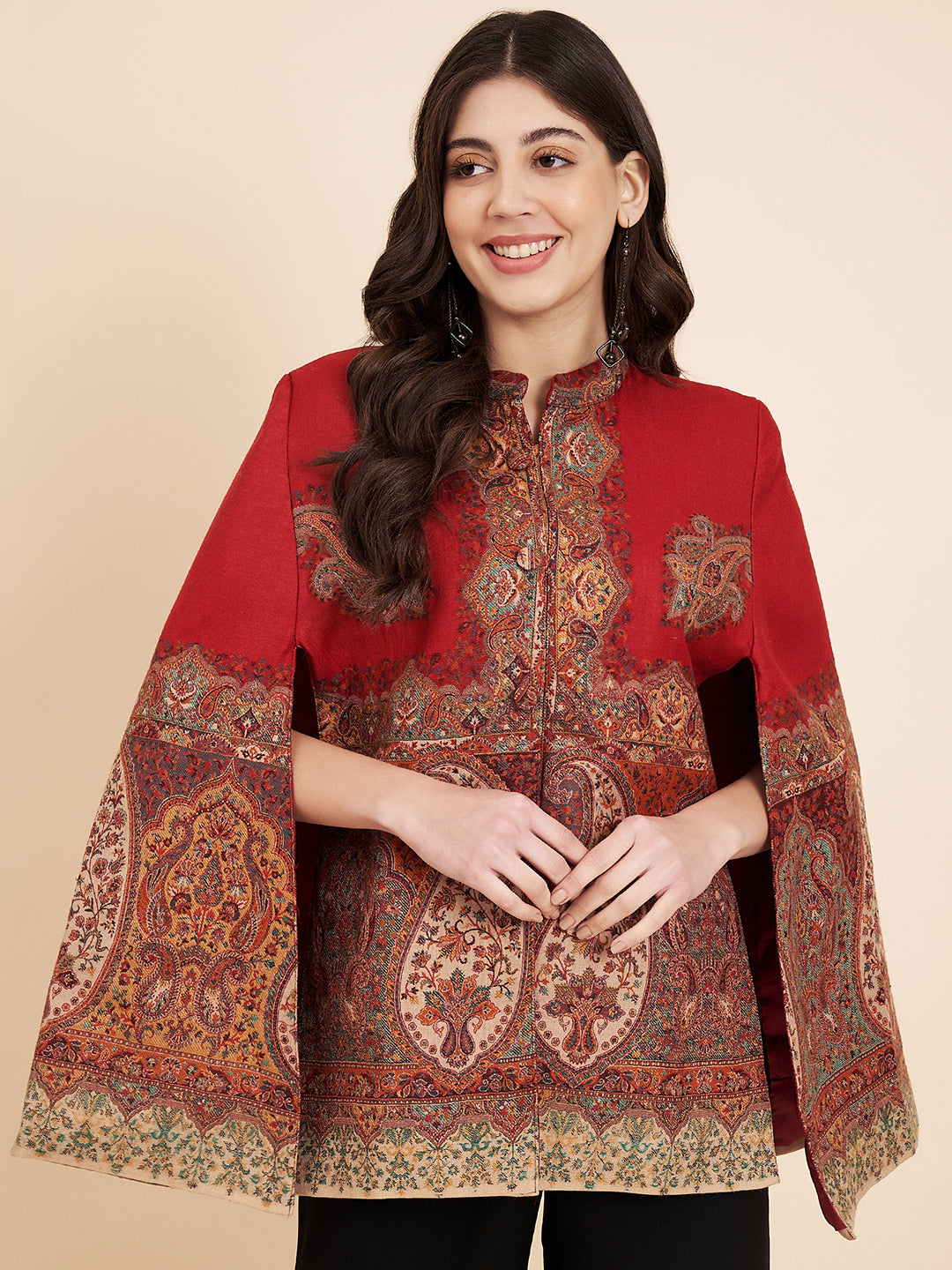 Woven Designer Luxury Cape Jacket for Women | Maroon