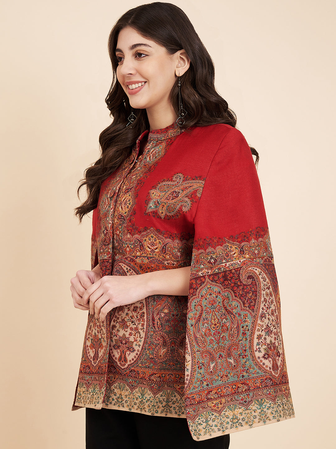 Woven Designer Luxury Cape Jacket for Women | Maroon
