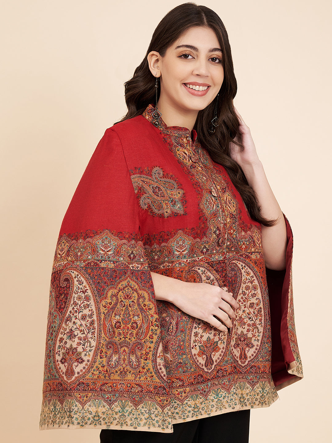 Woven Designer Luxury Cape Jacket for Women | Maroon
