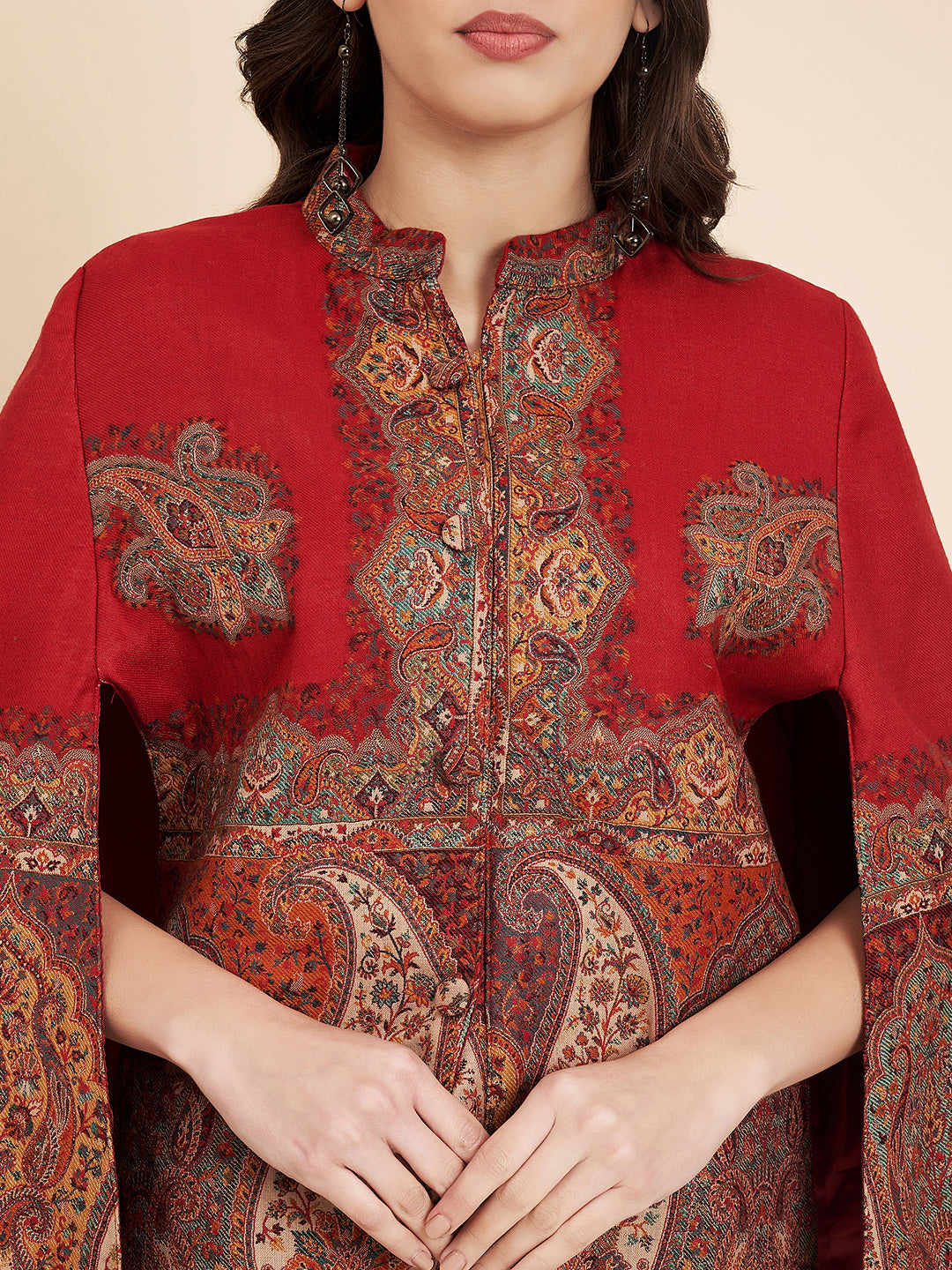 Woven Designer Luxury Cape Jacket for Women | Maroon