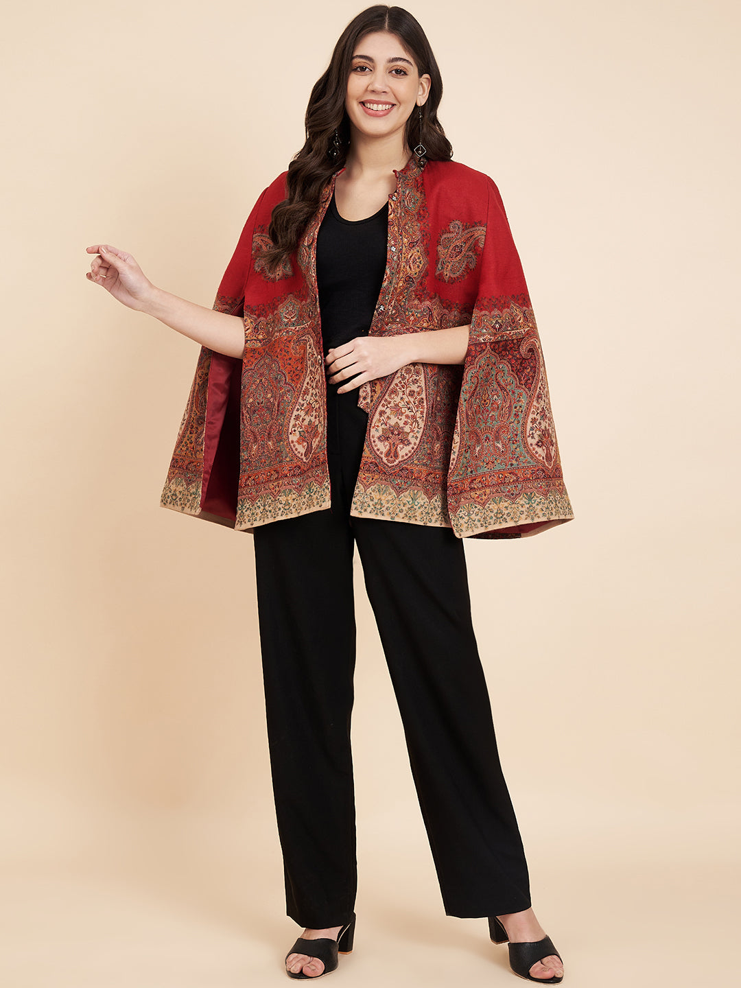 Woven Designer Luxury Cape Jacket for Women | Maroon