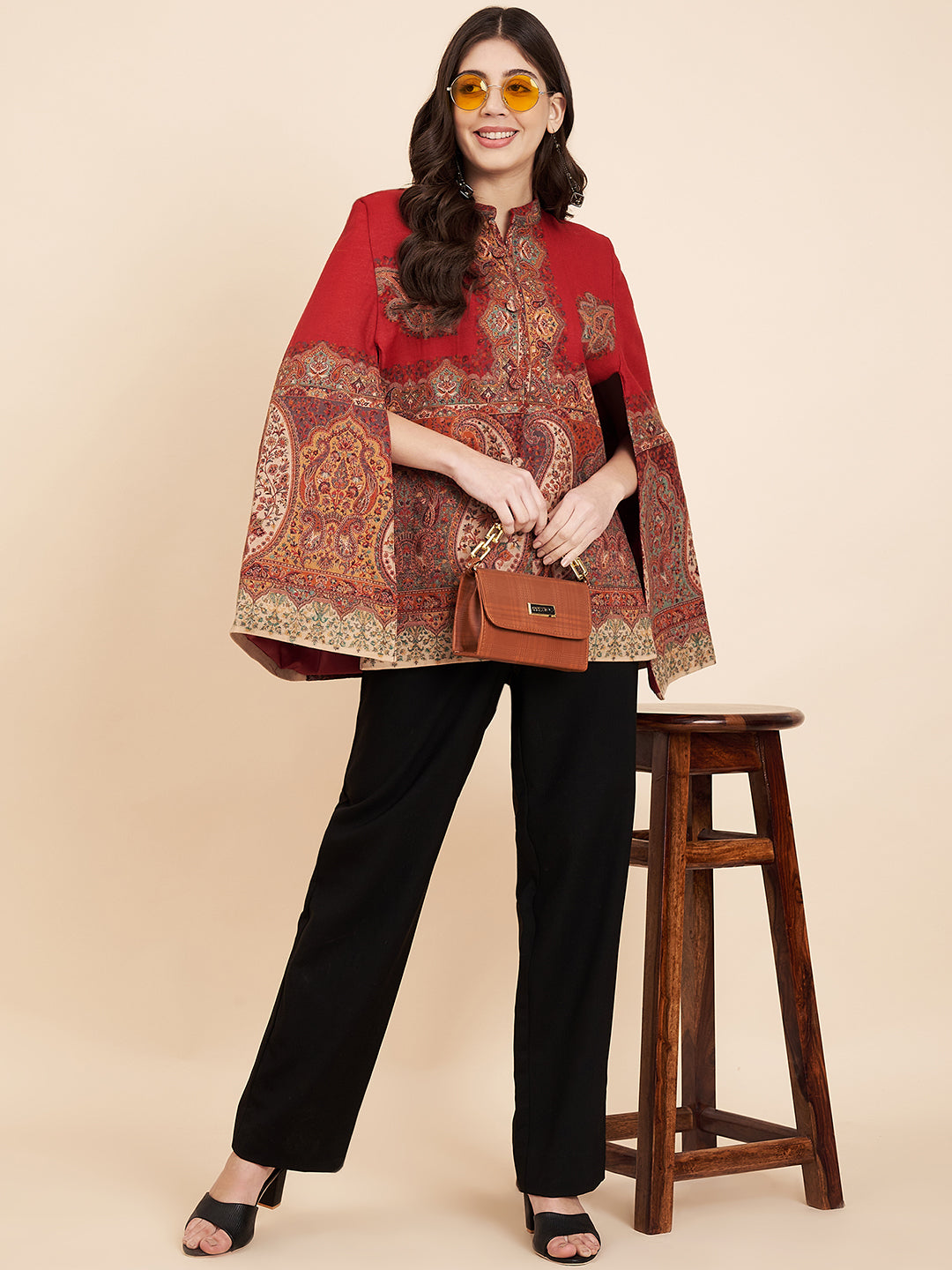 Woven Designer Luxury Cape Jacket for Women | Maroon