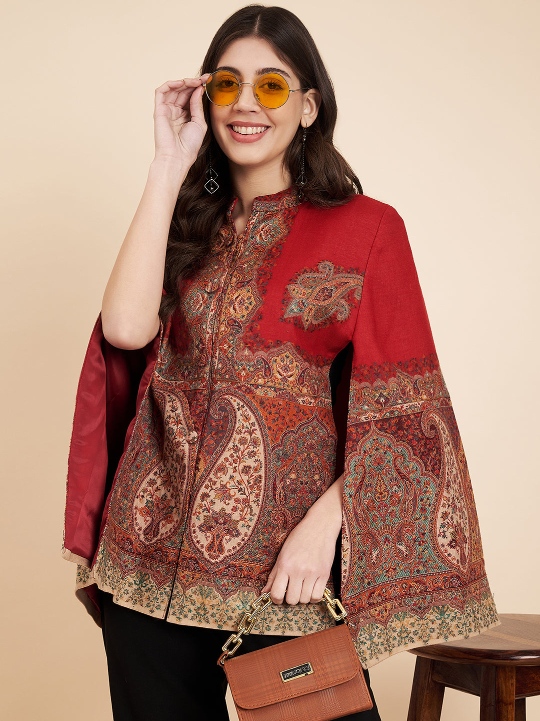 Woven Designer Luxury Cape Jacket for Women | Maroon
