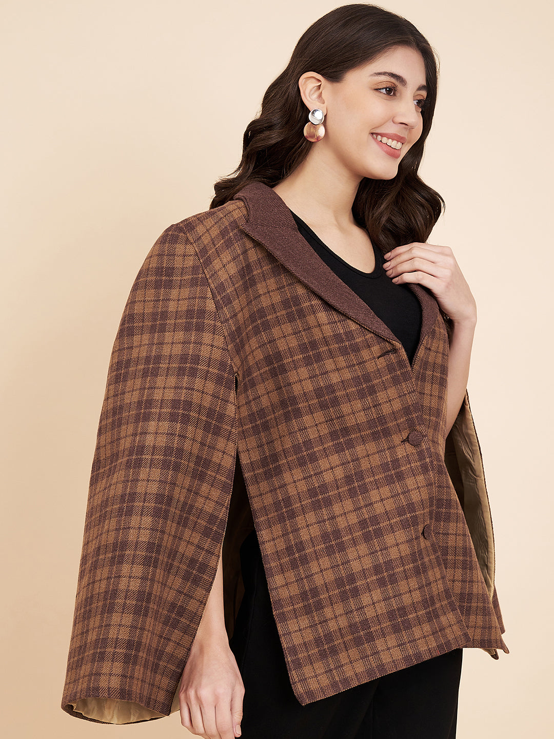 Woven Checks Stylish Cape Jacket for Women | Dark Brown