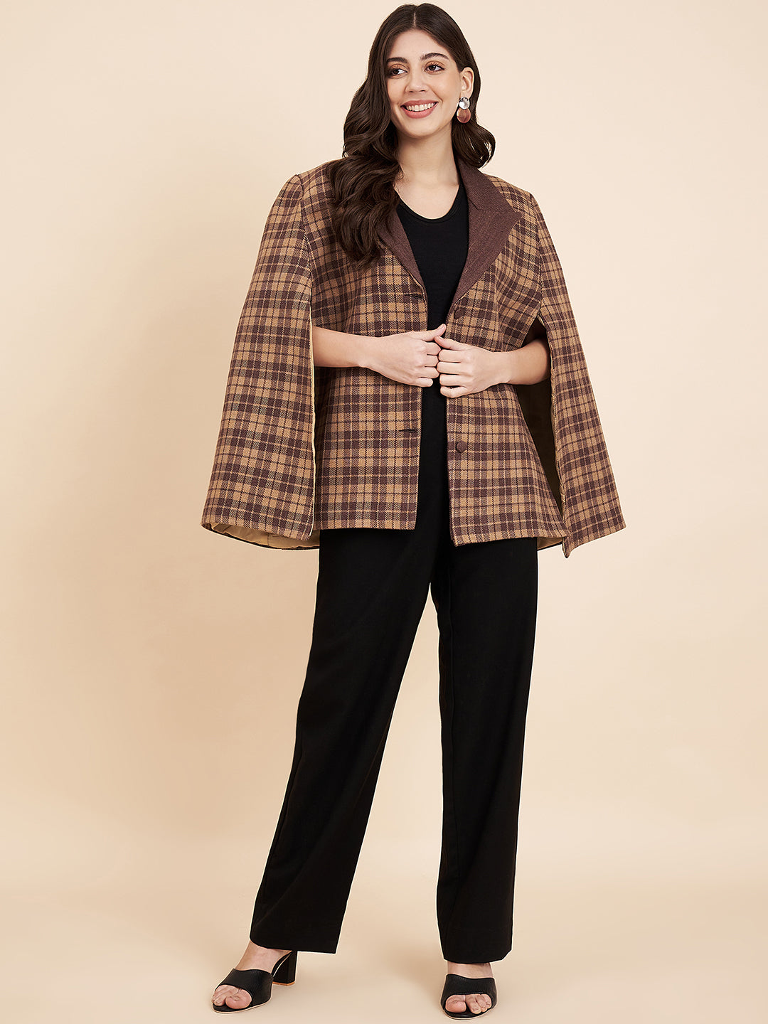 Woven Checks Stylish Cape Jacket for Women | Light Brown