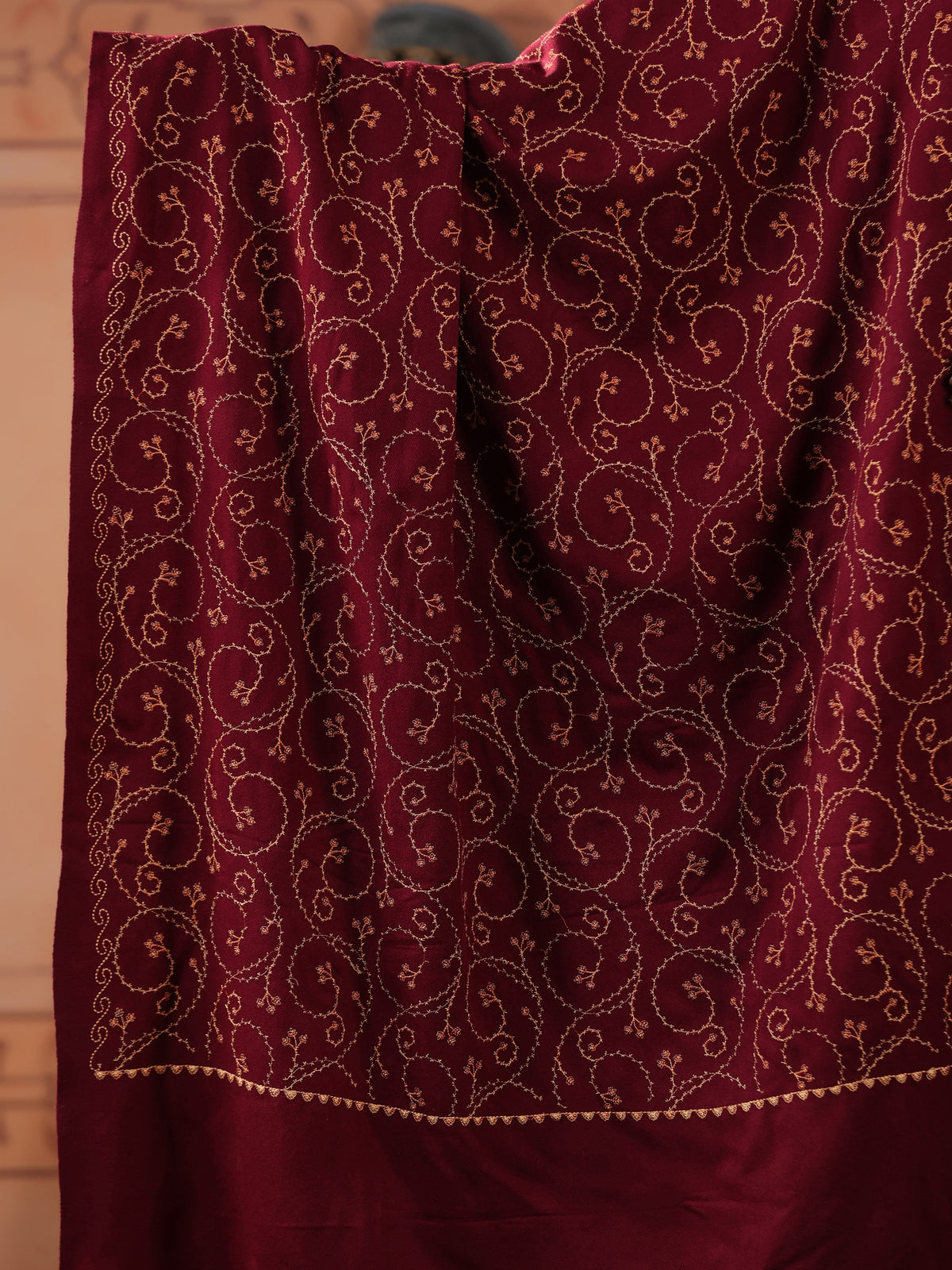 Floral Jaal Embroidered Woolen Shawl for Women | Wine