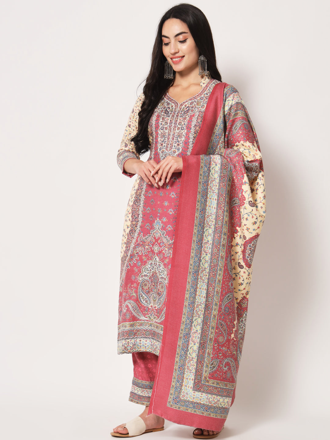 Unstitched Printed Design Kalamkari Handwork Dress Material | Pink