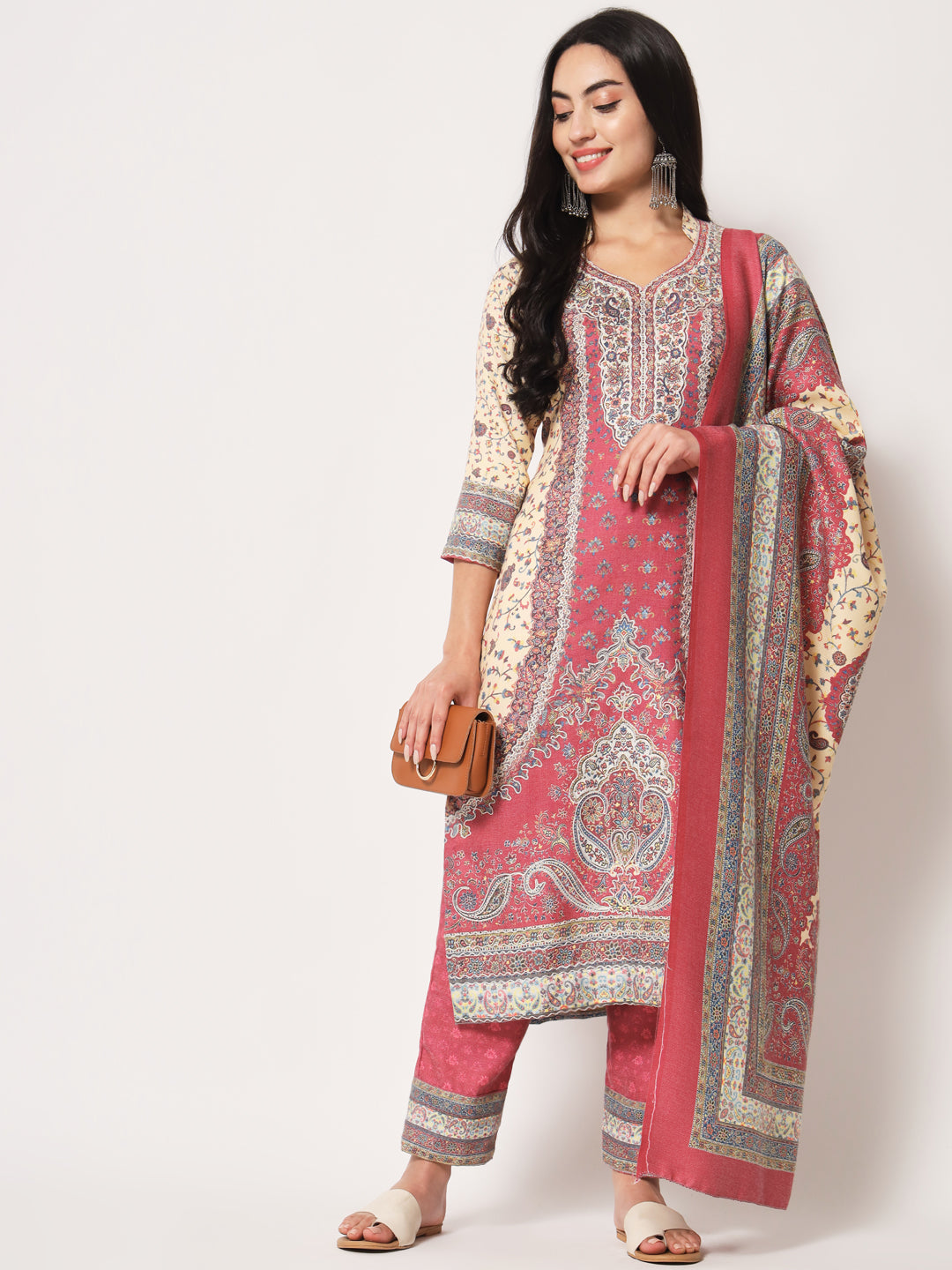 Unstitched Printed Design Kalamkari Handwork Dress Material | Pink