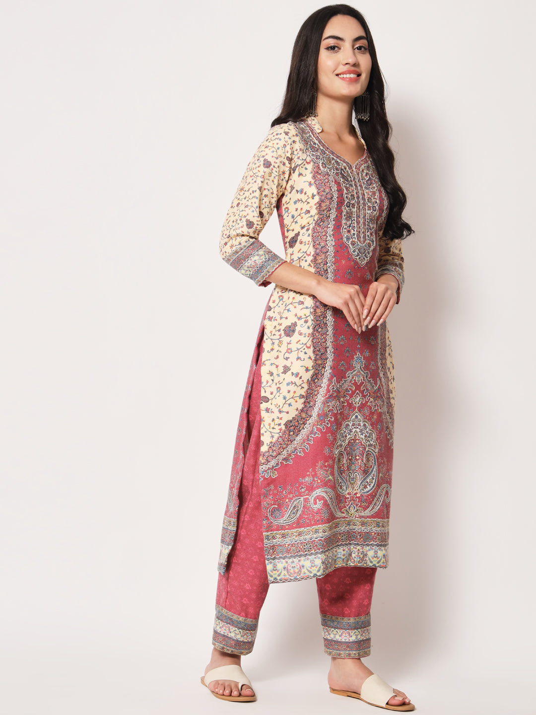 Unstitched Printed Design Kalamkari Handwork Dress Material | Pink