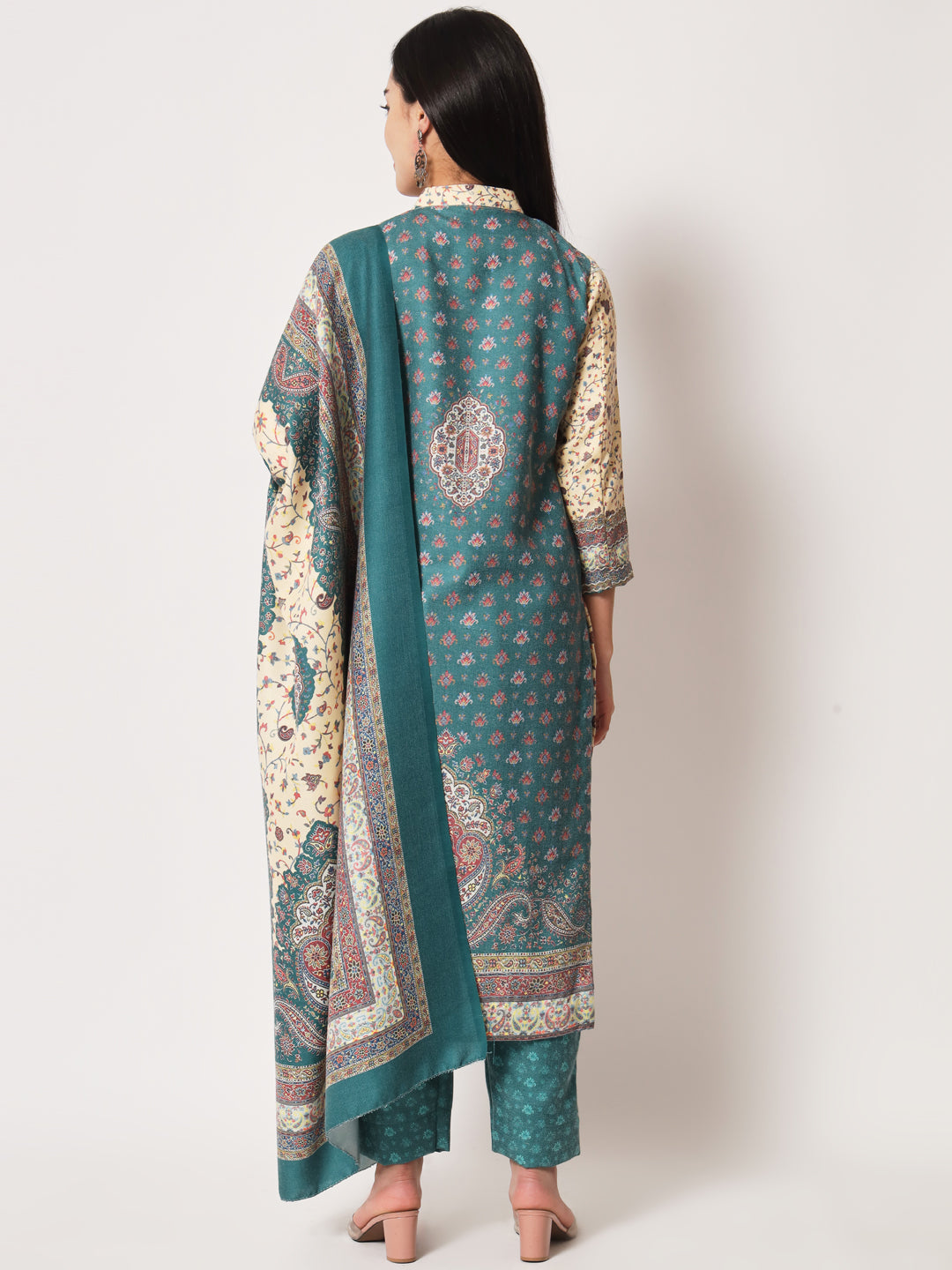 Unstitched Printed Design Kalamkari Handwork Dress Material | Seagreen