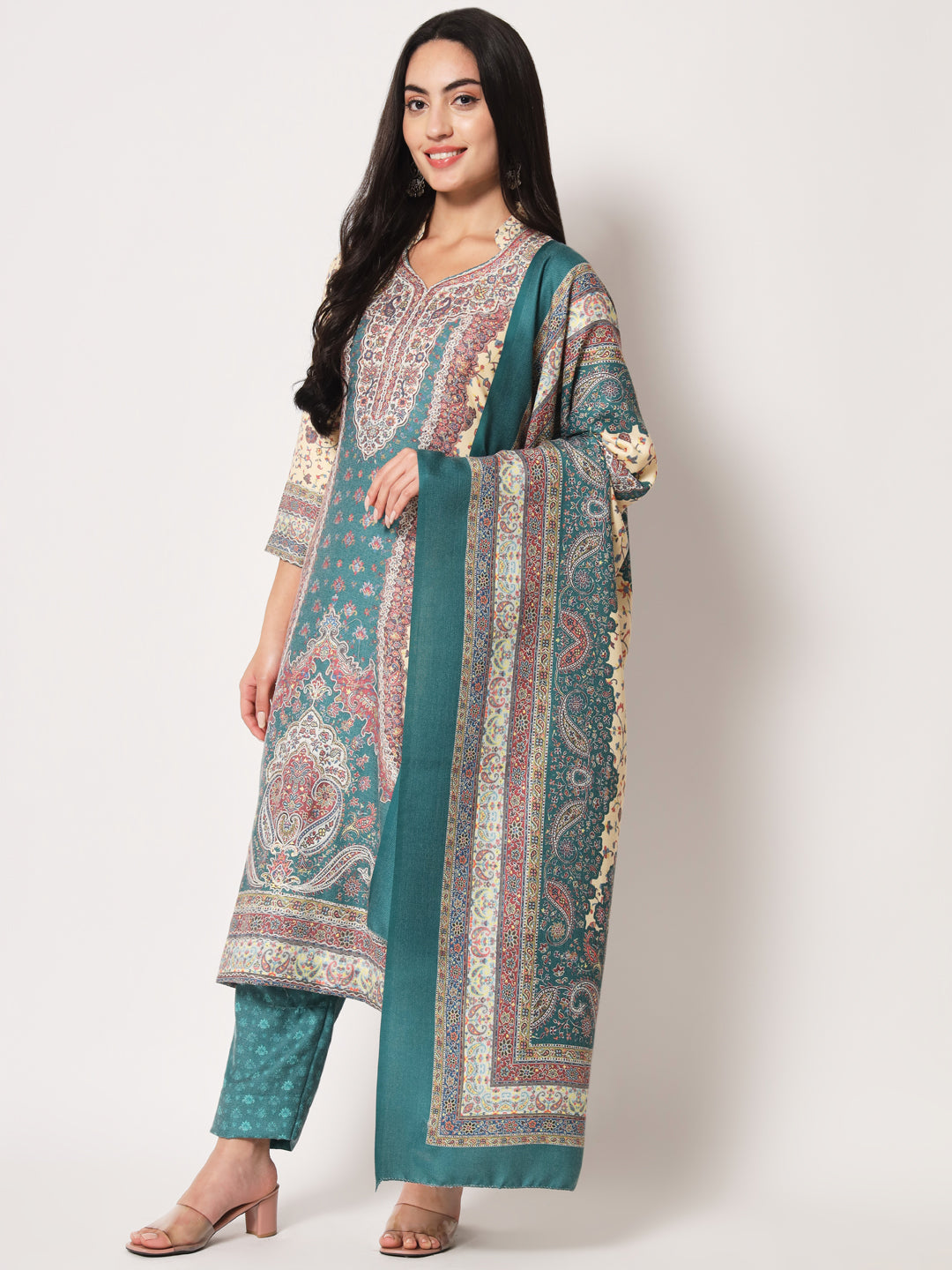 Unstitched Printed Design Kalamkari Handwork Dress Material | Seagreen