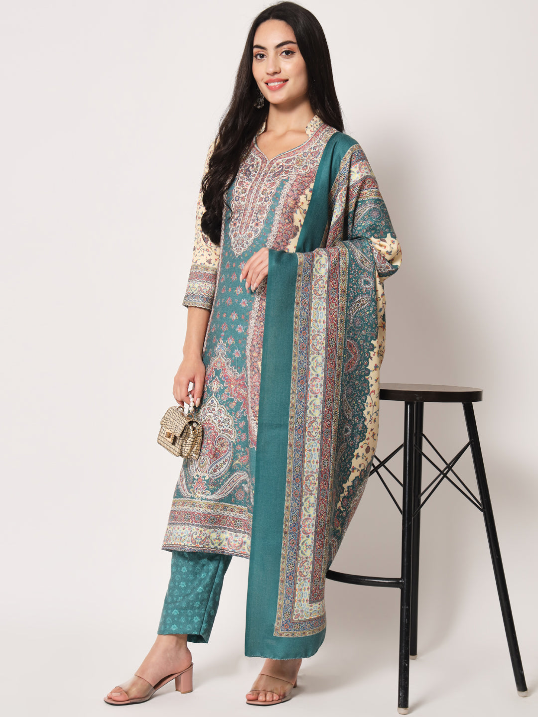 Unstitched Printed Design Kalamkari Handwork Dress Material | Seagreen