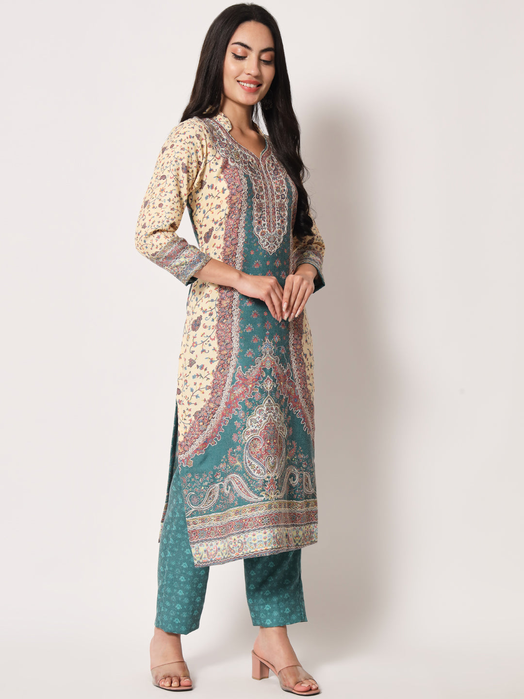 Unstitched Printed Design Kalamkari Handwork Dress Material | Seagreen
