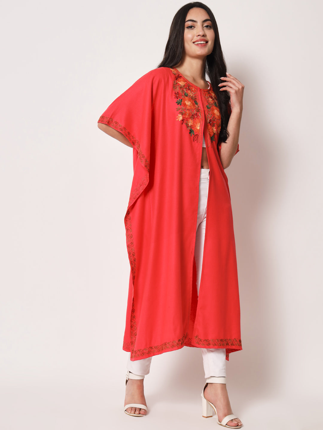Women's Woolen Cape Shrug with Kashmiri Embroidery | Pink