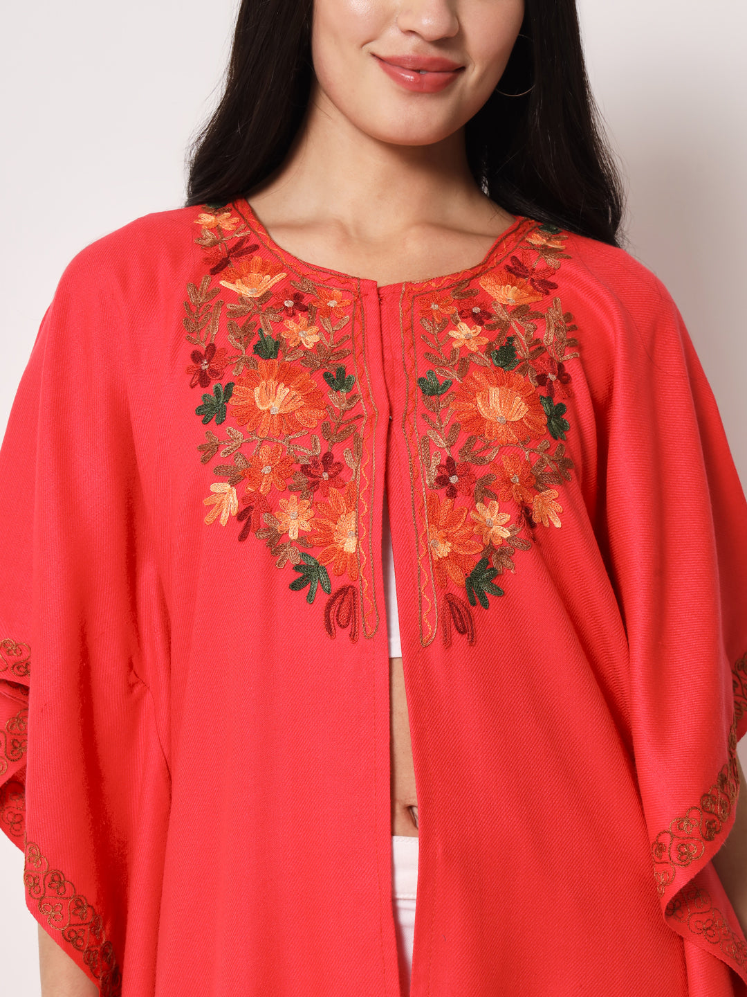 Women's Woolen Cape Shrug with Kashmiri Embroidery | Pink