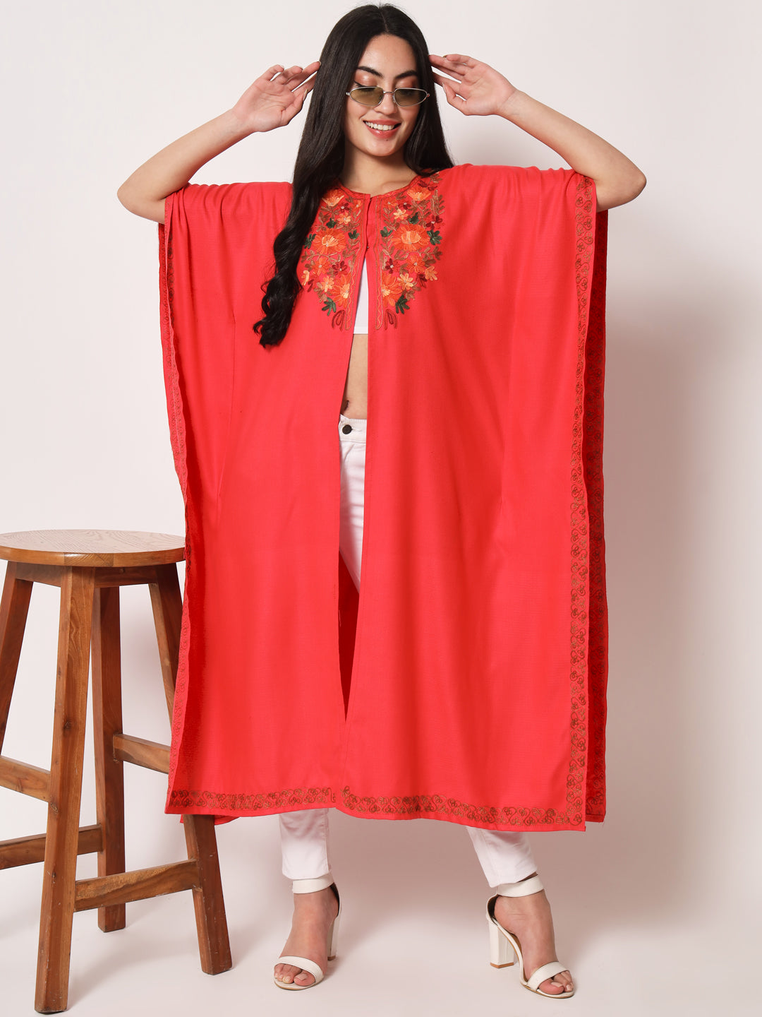 Women's Woolen Cape Shrug with Kashmiri Embroidery | Pink
