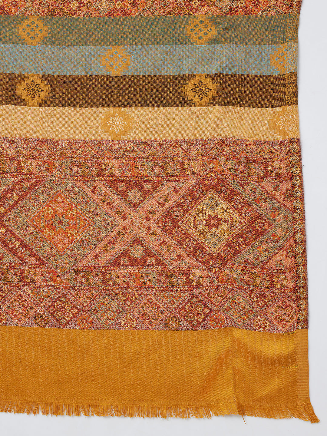Jamawar Woollen Woven Shawl for Women in Kullu Stripes | Mustard