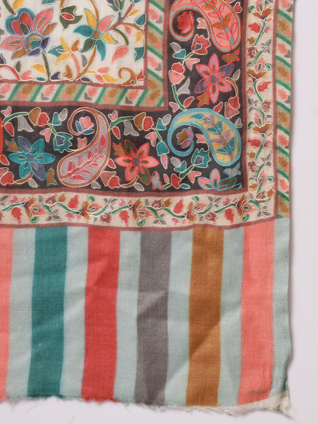 Women Kalamkari Hand Embroidered Pure Wool Winter Stole | Off White