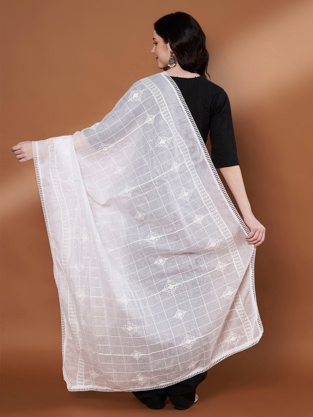 Checkered Self Embroidery Cotton Dupatta for Women | White