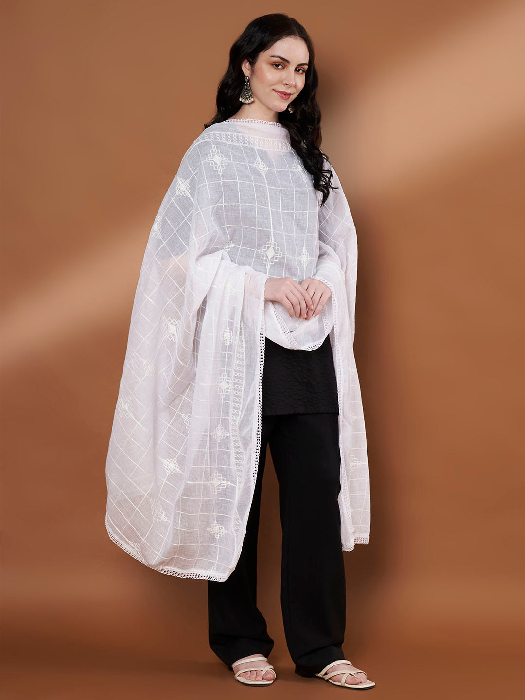 Checkered Self Embroidery Cotton Dupatta for Women | White