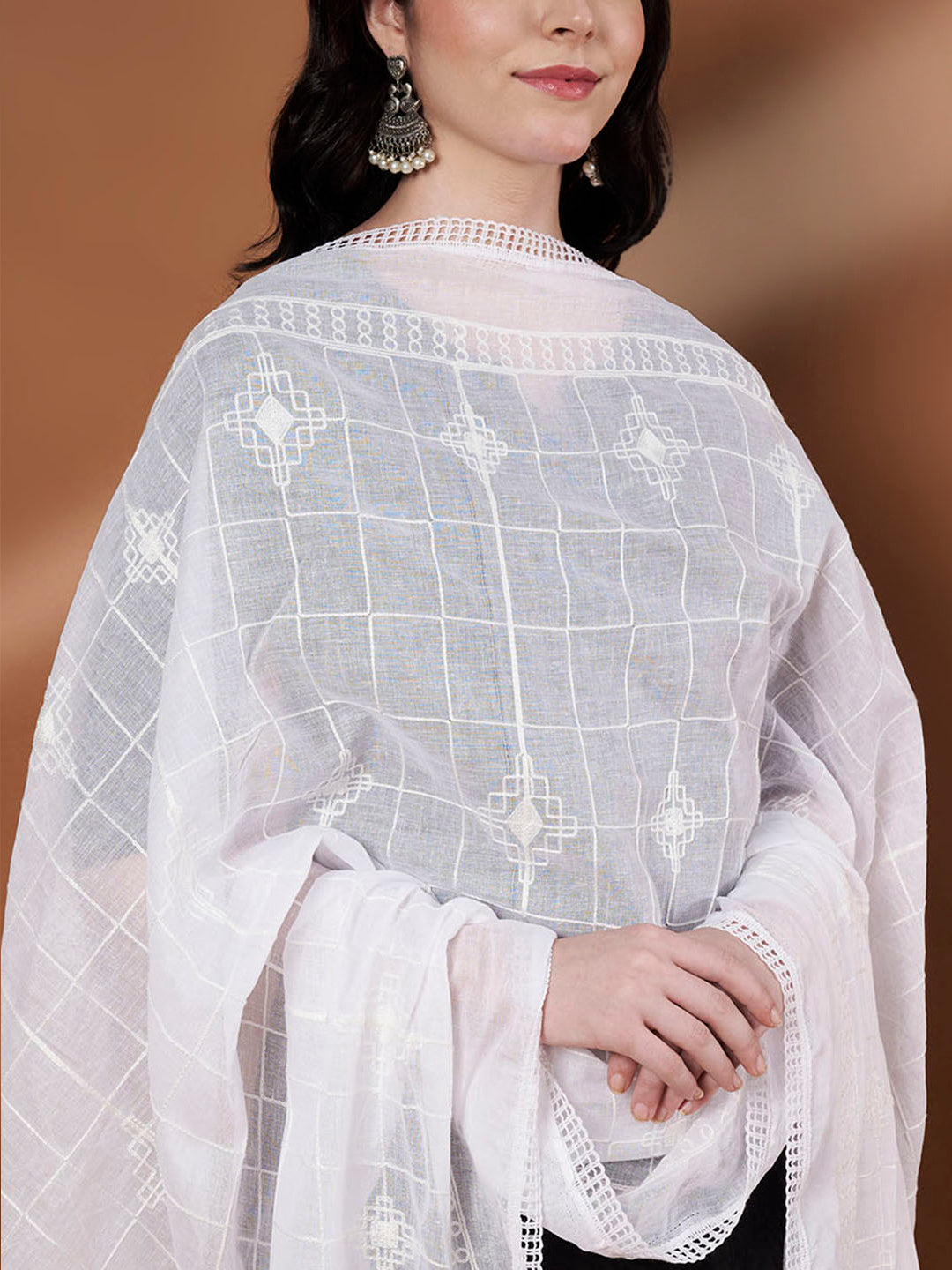 Checkered Self Embroidery Cotton Dupatta for Women | White