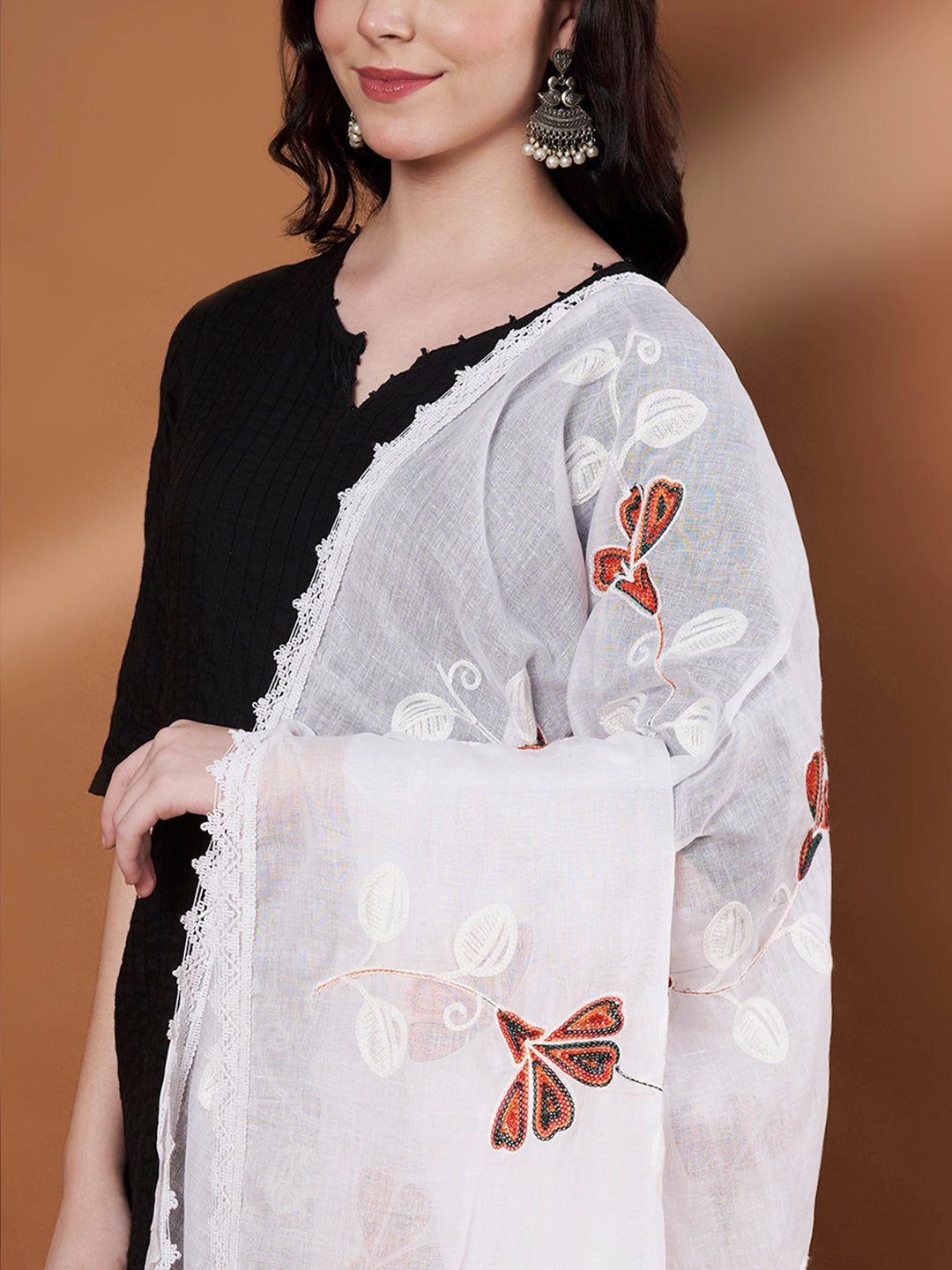 Colorful Embroidery Pure Cotton Dupatta for Women | White