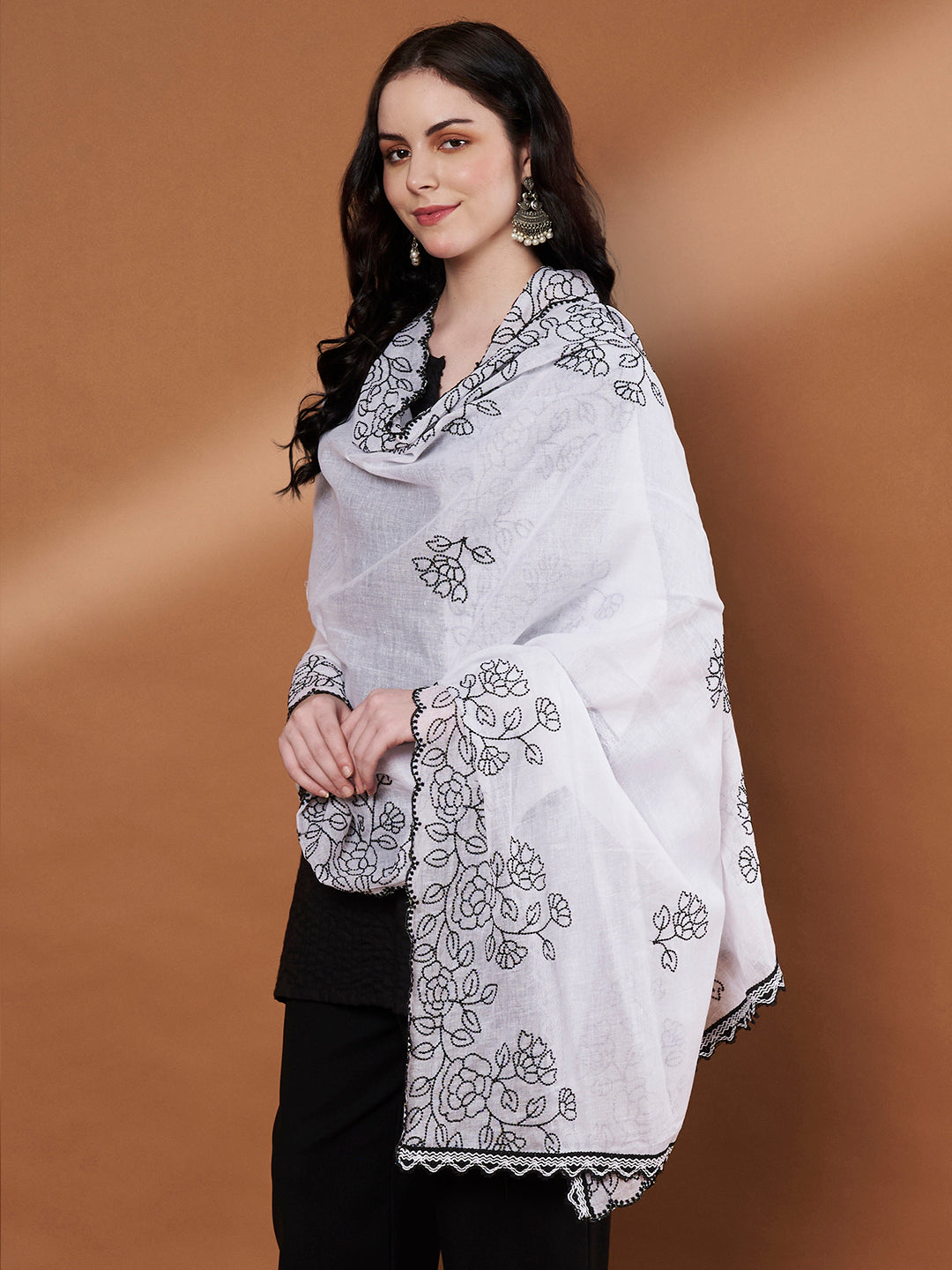 Pure Cotton Floral Embroidered Dupatta for Women | White