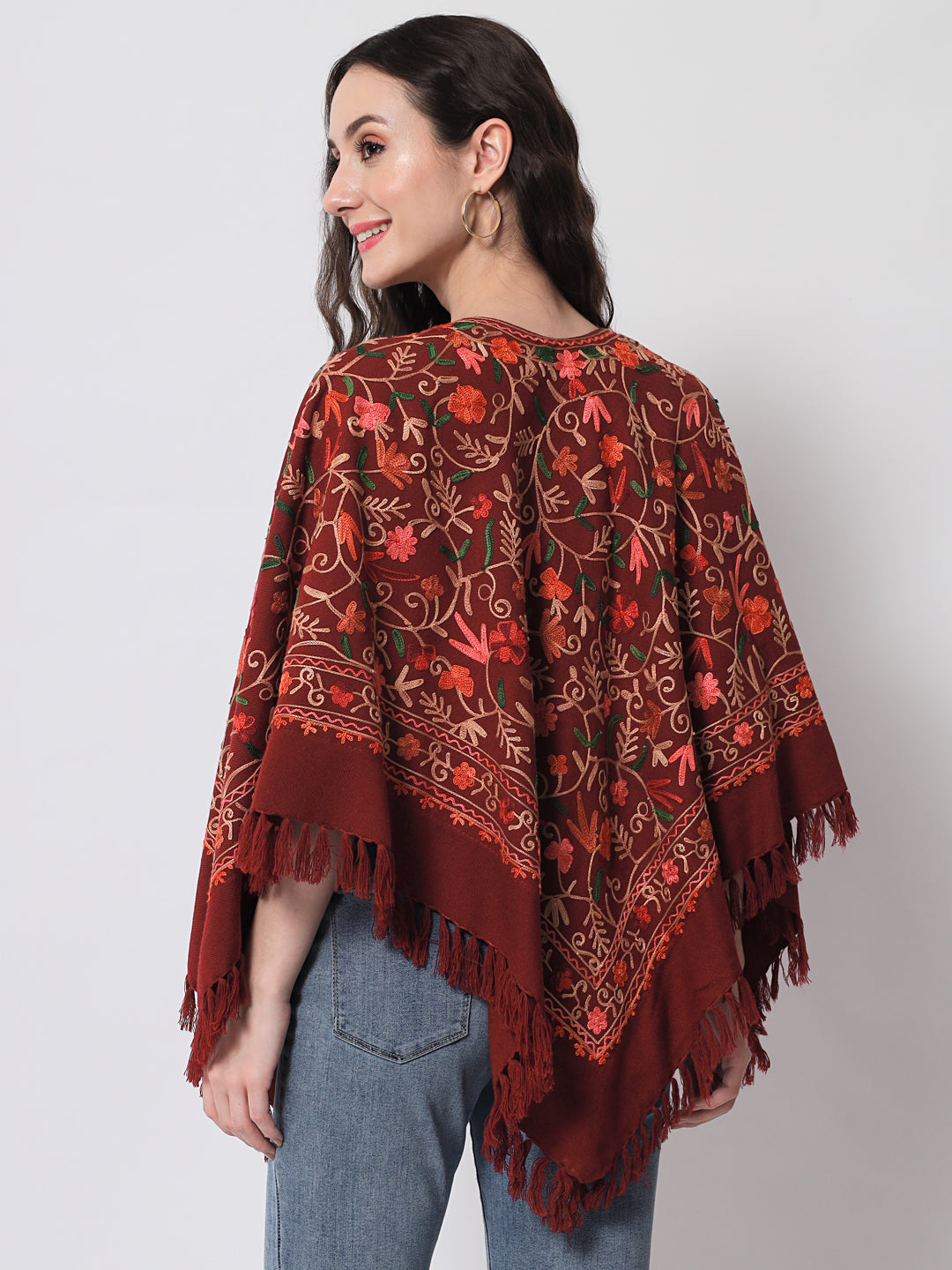 Woolen Kashmiri Poncho with Jaal Embroidery and Silk Lining | Maroon