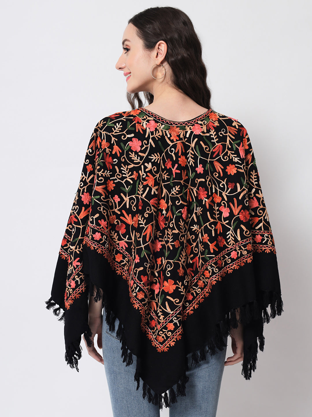 Woolen Kashmiri Poncho with Jaal Embroidery and Silk Lining | Black