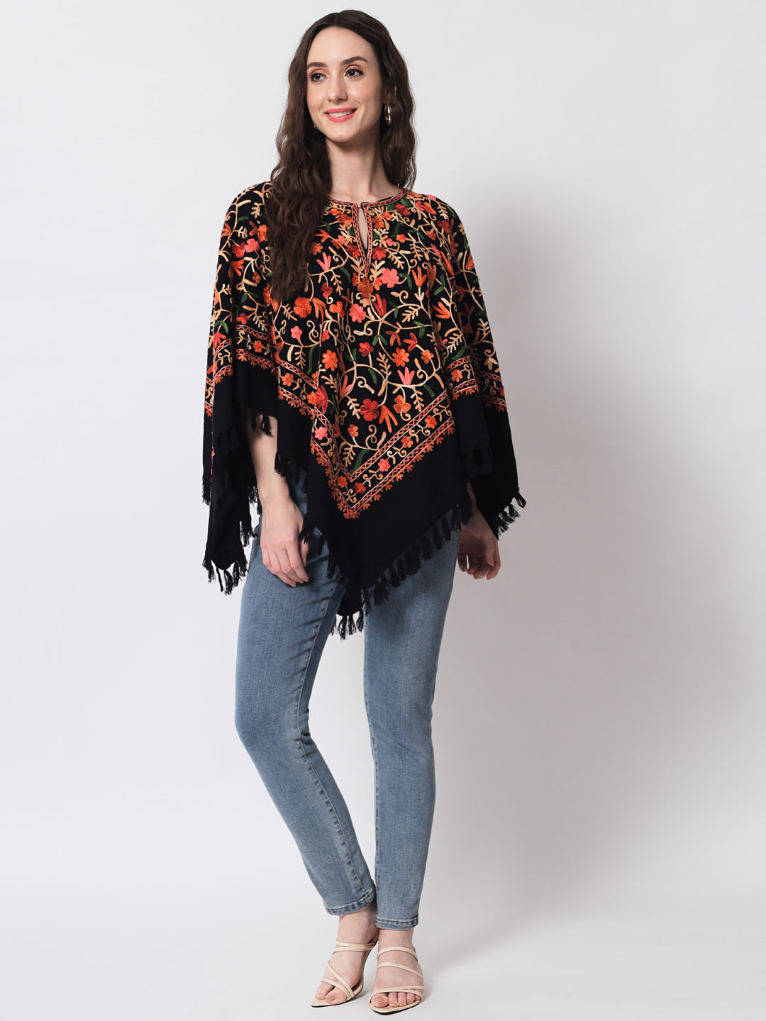 Woolen Kashmiri Poncho with Jaal Embroidery and Silk Lining | Black