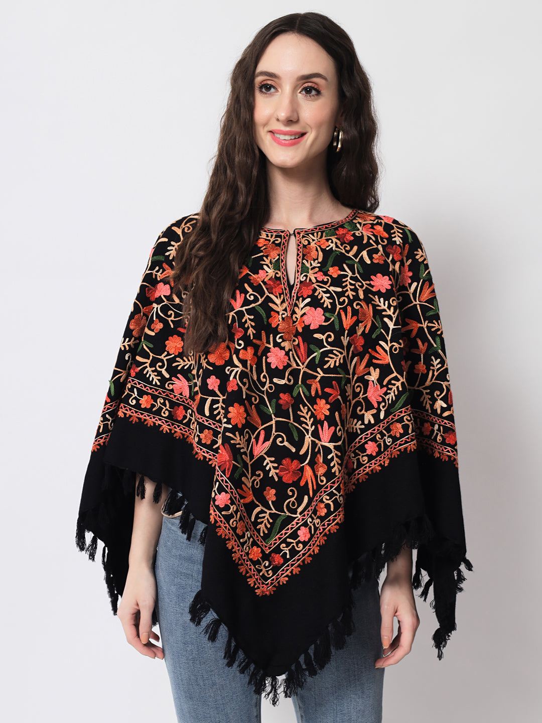 Woolen Kashmiri Poncho with Jaal Embroidery and Silk Lining | Black
