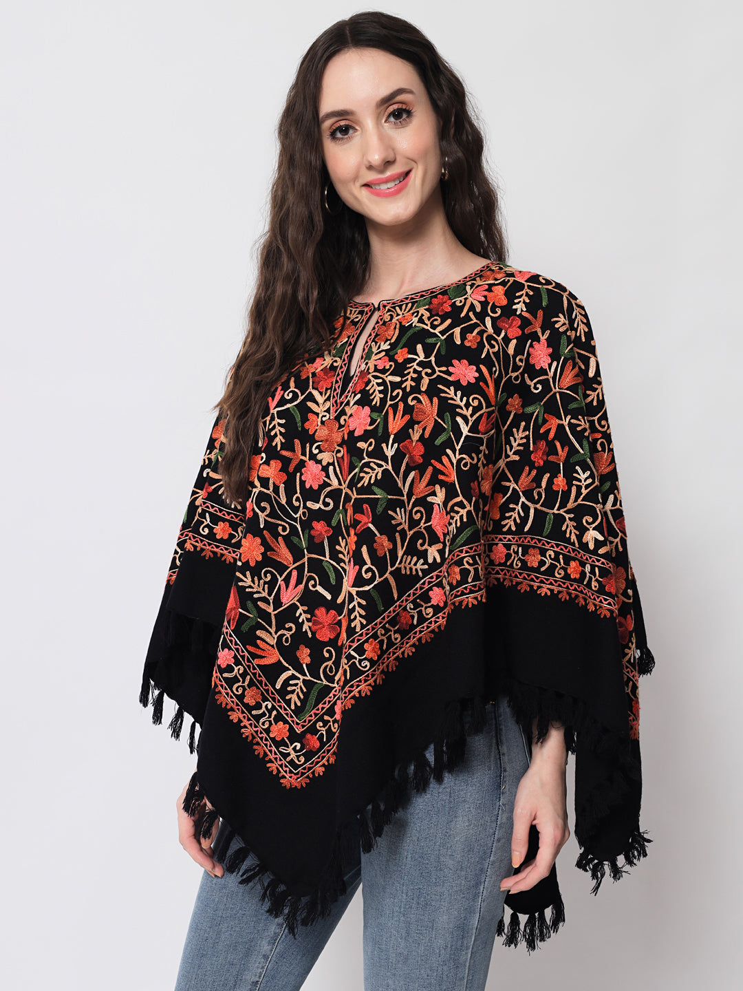Woolen Kashmiri Poncho with Jaal Embroidery and Silk Lining | Black