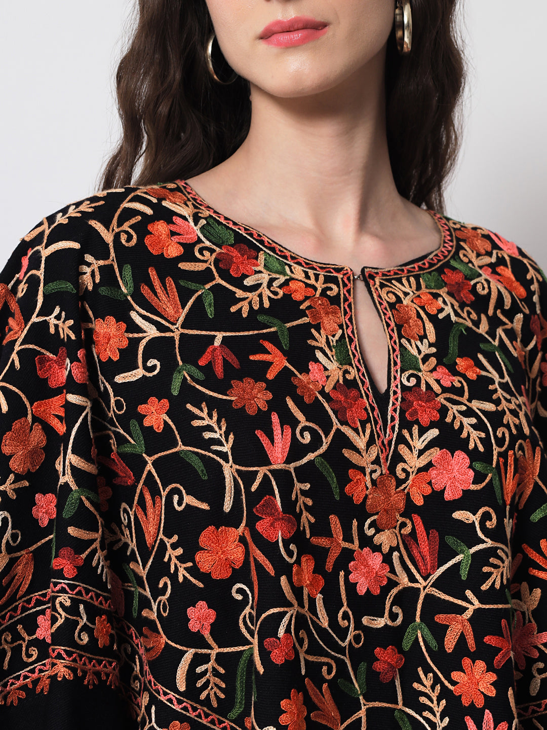 Woolen Kashmiri Poncho with Jaal Embroidery and Silk Lining | Black