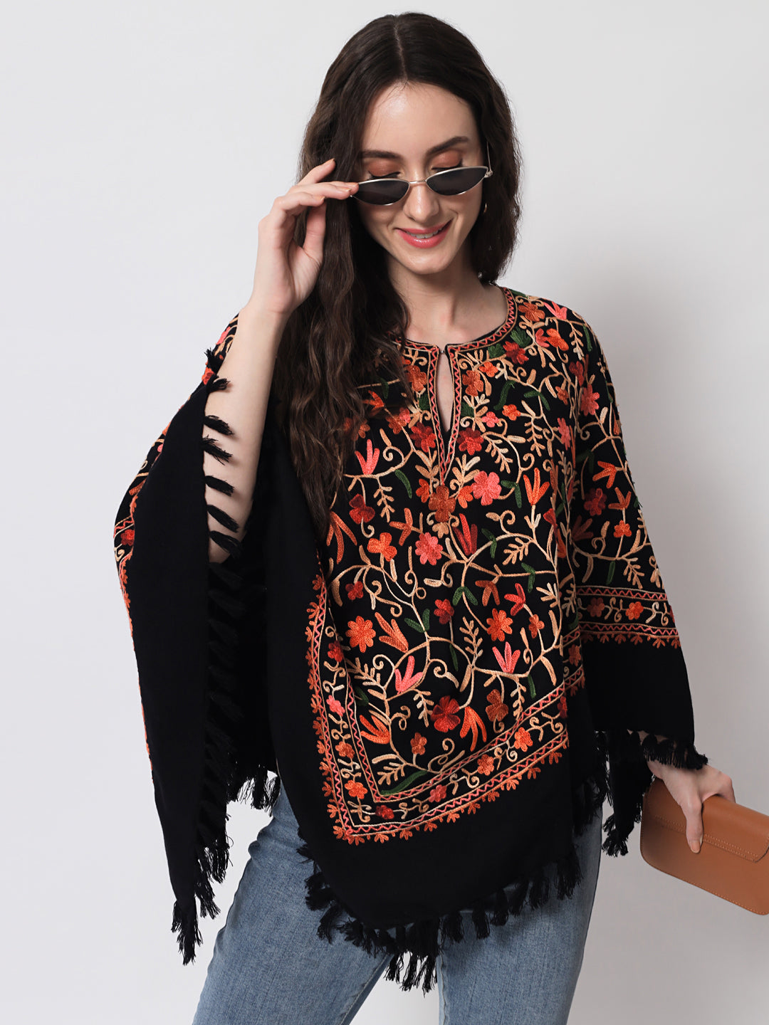 Woolen Kashmiri Poncho with Jaal Embroidery and Silk Lining | Black