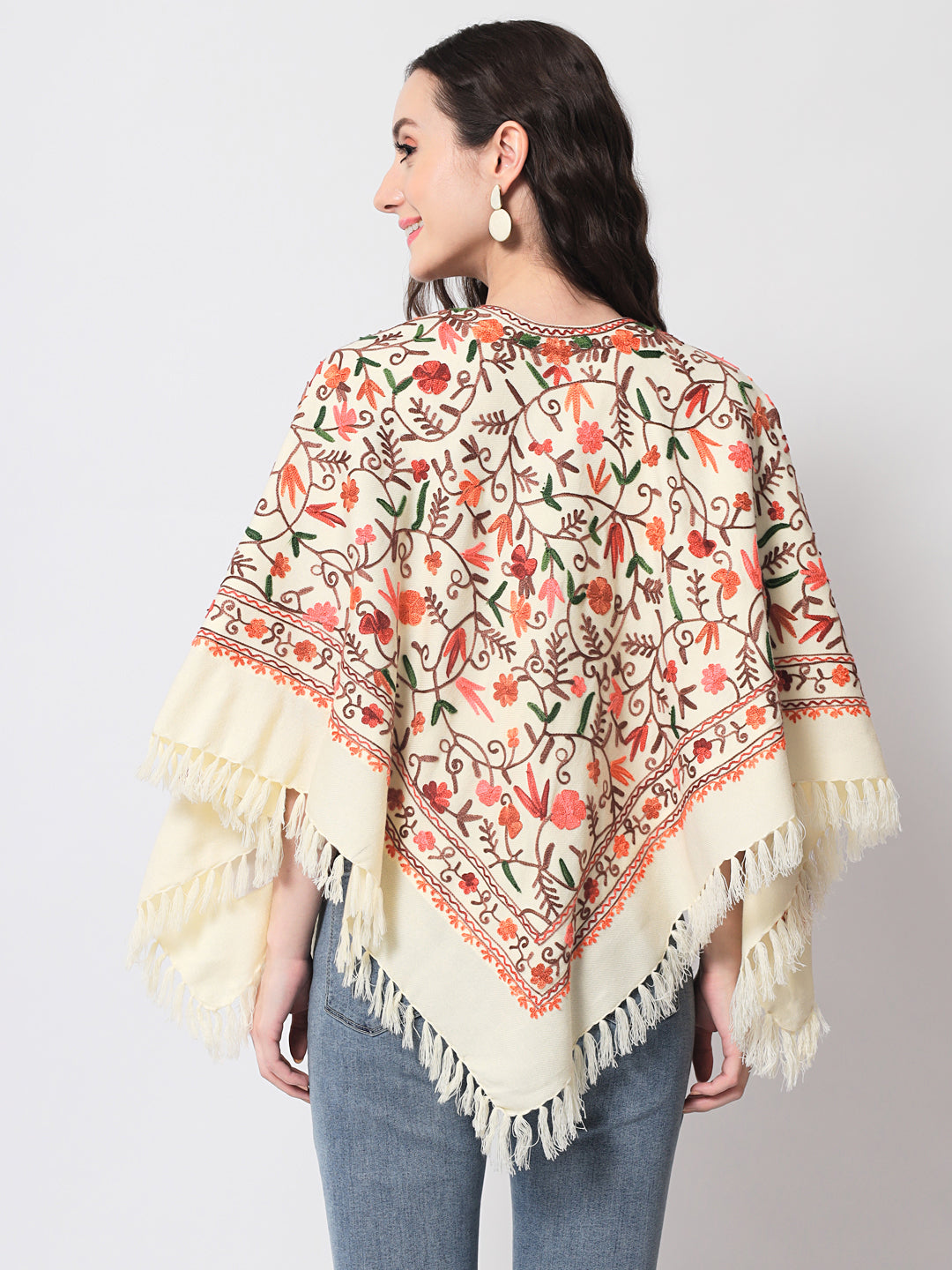 Woolen Kashmiri Poncho with Jaal Embroidery and Silk Lining | White