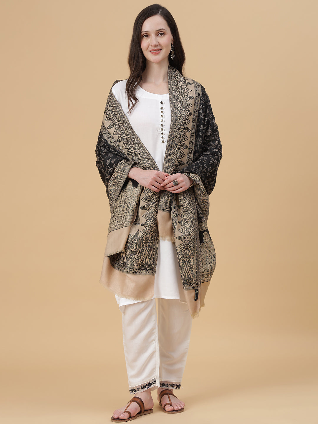 Kani Weave Woven Shawl for Women in Zari Paisley Patterns | Black'
