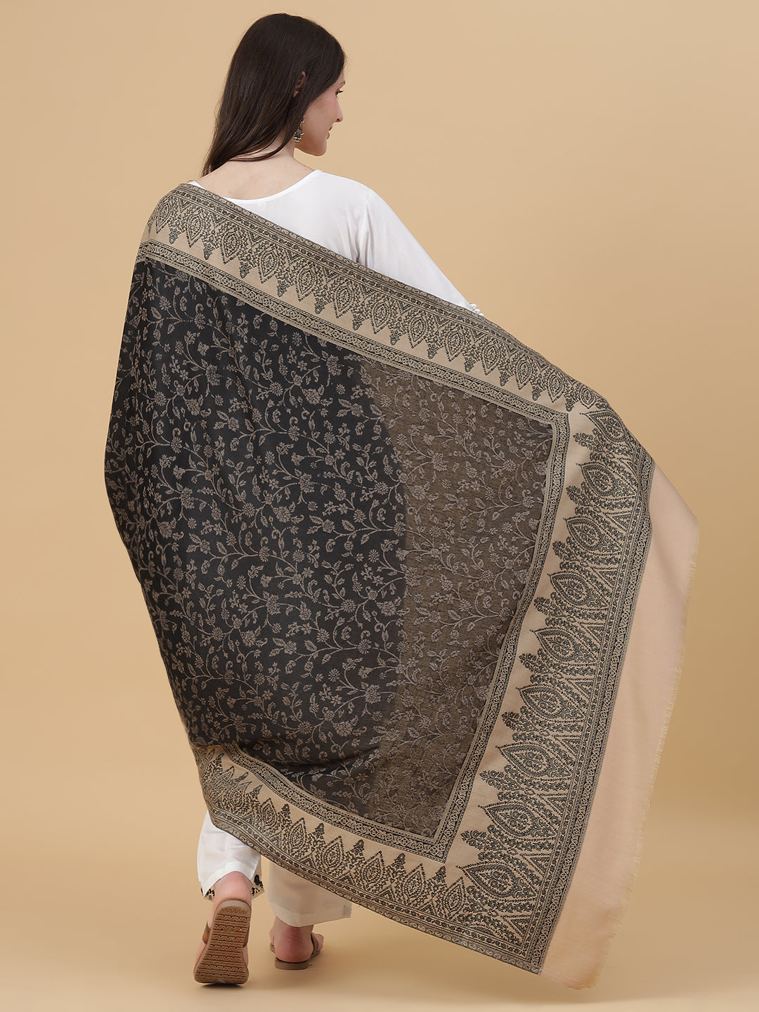 Kani Weave Woven Shawl for Women in Zari Paisley Patterns | Black