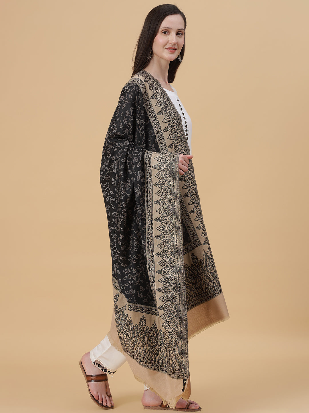 Kani Weave Woven Shawl for Women in Zari Paisley Patterns | Black